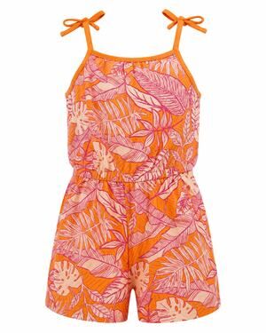 New Cat & Jack Girls Tropical Leaf Print Romper Orange Pink Tie Strap One Piece